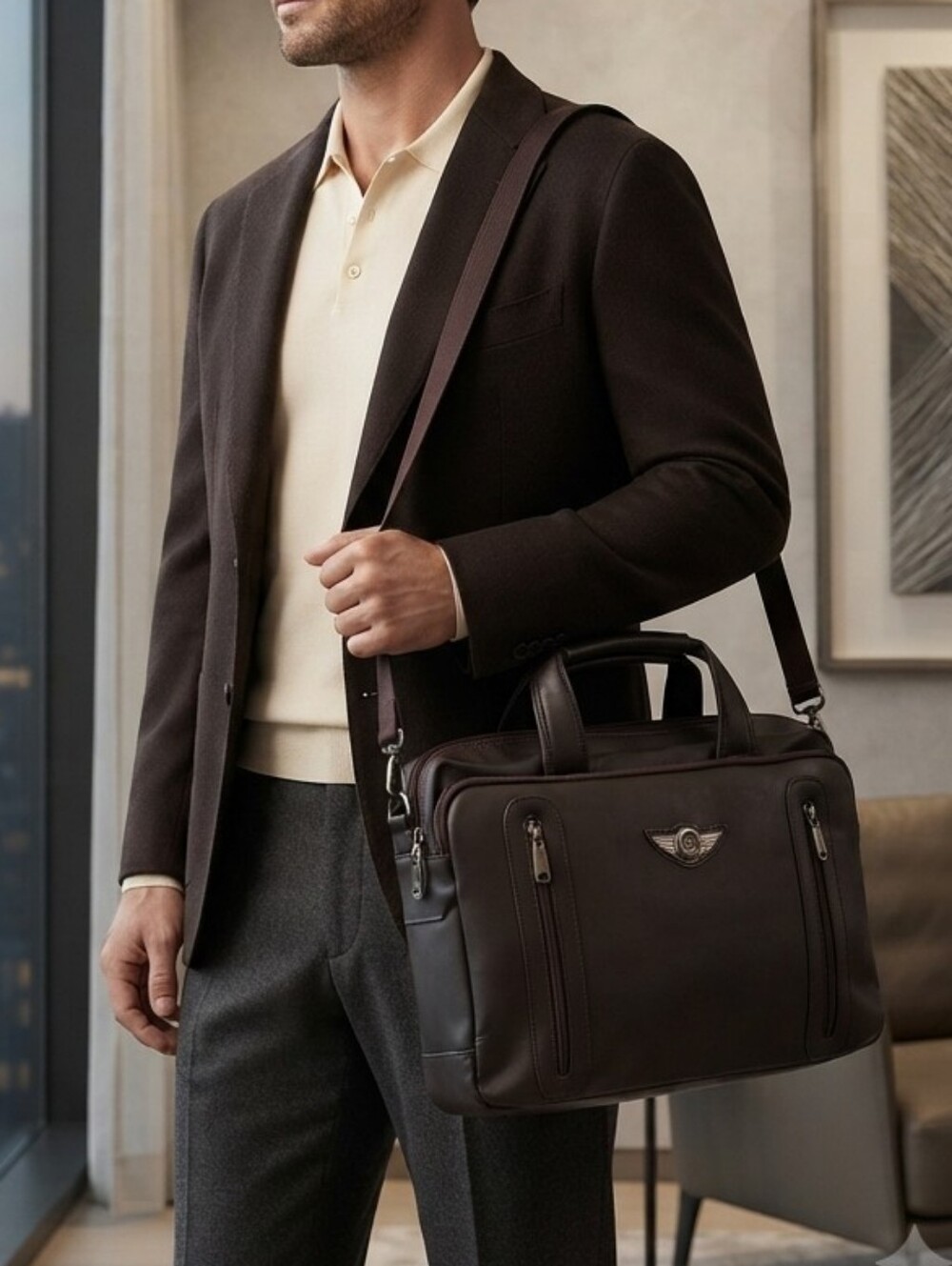 NWOT Santino Executive Modern Academic Travel Messenger Faux Leather Laptop Bag